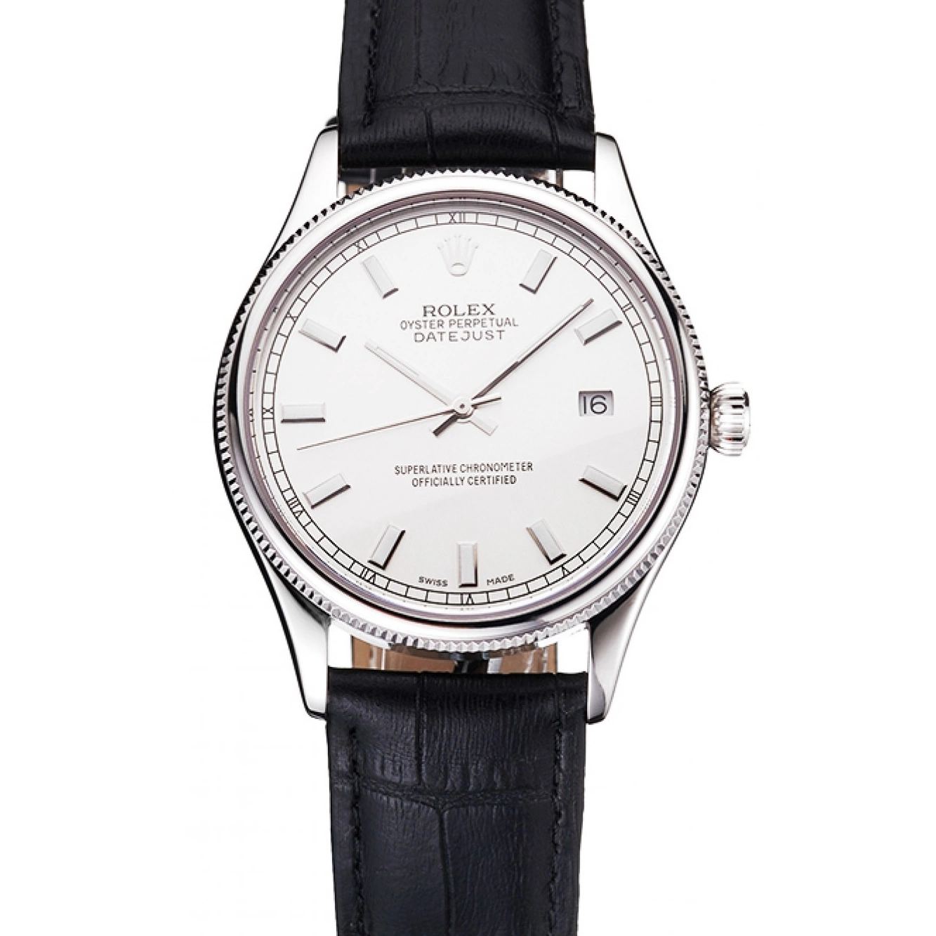 Aaa replica watch Rolex Steel Dial White Strap Stainless Leather Swiss Datejust Black Case 0803